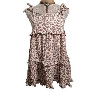 Rylee + Cru Floral Tiered Ruffle Square Neck Tie Shoulder Dress XS Linen XS